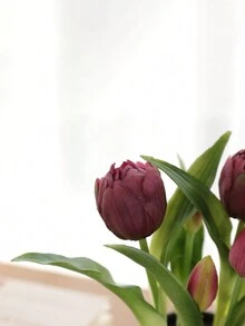 仿真花卉套裝附花盆,假郁金香綠葉,小型盆裝花卉裝飾,適用於辦公室、書架、臥室、客廳、桌子、婚禮及家居裝飾 - 酒紅色 - 查看 3