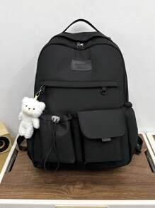 1 pieza Mochila casual de gran capacidad y elegante con colgante de oso, adecuada para uso diario de niñas, escuela y salidas. Mochila escolar de gran capacidad para adolescentes, mujeres, estudiantes universitarios, secundaria y preparatoria. Vuelta a clases, mochila escolar, gran capacidad, portátil, compartimento para laptop, para adolescentes, mujeres, estudiantes universitarios, niños y hombres, universidad - Negro - Ver 1