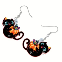 1對,聖誕萬聖節派對亞克力耳環黑貓南瓜可愛女性節日禮物