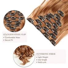 22 英寸女式接髮 7 件套厚假髮天然合成夾式接髮雙緯長波浪接髮夾式假髮(22 英寸,棕色) - 卡其色 - 查看 4