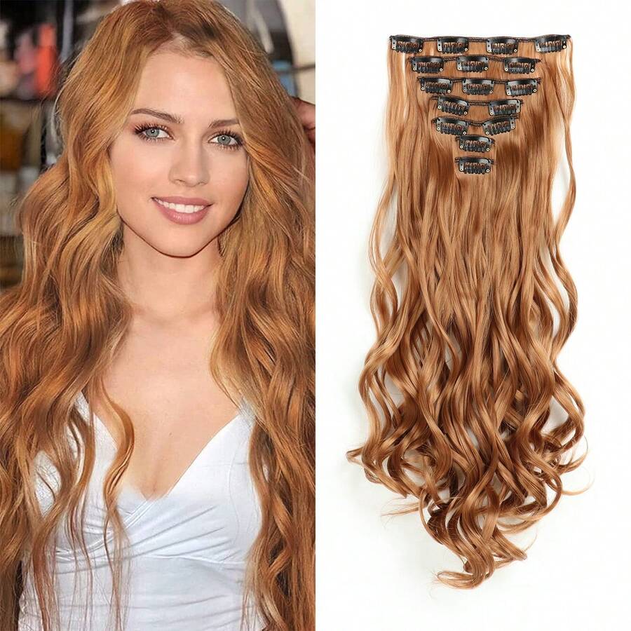 22 英寸女式接髮 7 件套厚假髮天然合成夾式接髮雙緯長波浪接髮夾式假髮(22 英寸,棕色) - 卡其色 - 查看 1