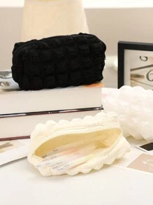 SHEIN X Jess 1入組奶油泡沫布筆袋,簡約筆袋,適用於學生,文具,化妝品收納袋 - 黑色 - 查看 4