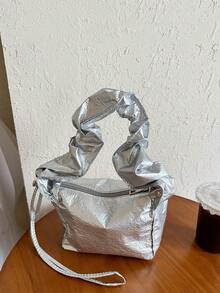 Solid Color Crinkled Personalized Simple Shoulder Bag, Mini Delicate Casual Handbag - Silver - View 7