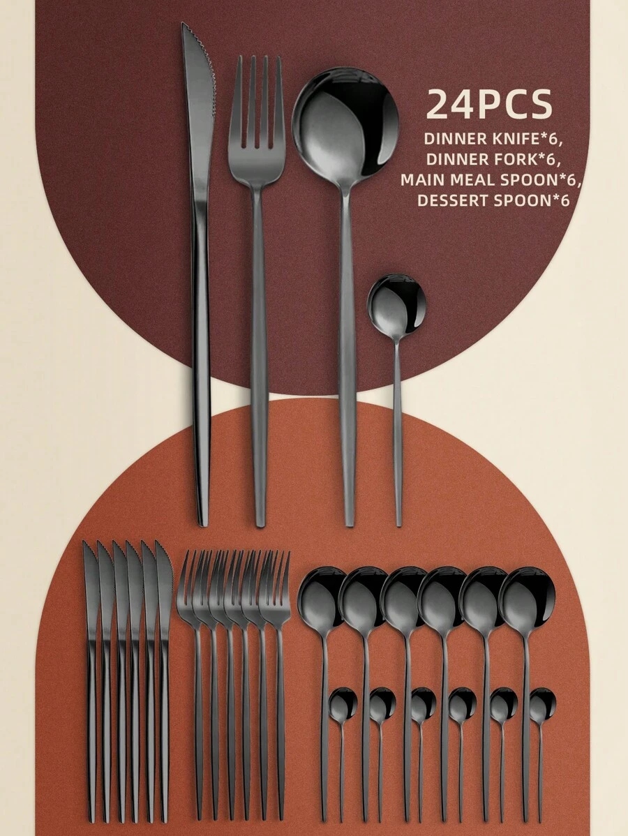 24件套不锈钢酒店餐具套装，包括叉子、勺子和茶匙 - 黑色 - 查看 1