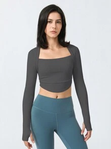 仿貼身2入組折褶設計長袖運動t恤,適用於跑步、瑜珈和健身