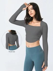 仿貼身2入組折褶設計長袖運動t恤,適用於跑步、瑜珈和健身