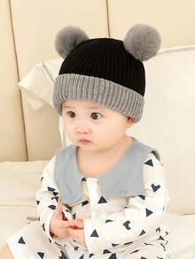 2入組新生嬰兒和幼兒厚針織帽子和圍巾帶絨球，冬季多種顏色 - 黑色 - 查看 3