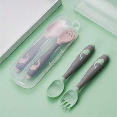 2pcs Kids' Spoon And Fork Set, Suitable For Feeding And Training - 360° Bendable Spoons And Forks With Storage Box