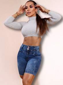 Women Denim Shorts - 中等水洗藍 - 查看 3