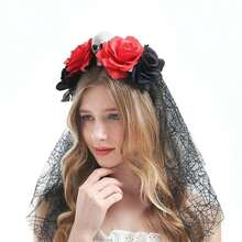 Flower Crown Headband, Day of the Dead Headpiece - Black - View 5