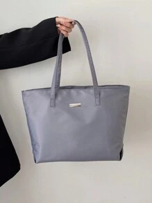 1pc Gray Nylon Large Capacity Tote Bag, Simple College Style Shoulder Bag Suitable For Women's Daily Travel Or Leisure - Grey - View 3