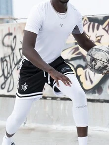 veidoorn 1 件 男士撞色字母印花短袖运动 T 恤 - 白色 - 查看 4