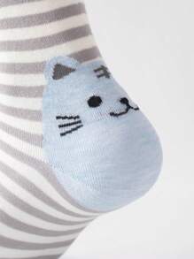 6 雙裝女用條紋卡通貓圖案中筒襪,透氣吸汗,休閒風格,適合日常穿著 - 彩色 - 查看 6
