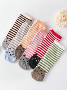 6 雙裝女用條紋卡通貓圖案中筒襪,透氣吸汗,休閒風格,適合日常穿著 - 彩色 - 查看 2