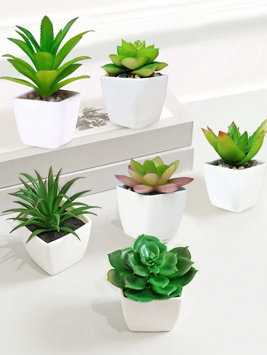 6入組迷你植物小盆栽,擬真多肉植物綠色植物小盆栽,塑膠白色盆,合適適用於台式機窗戶書架裝飾用品 - 杏色 - 查看 1