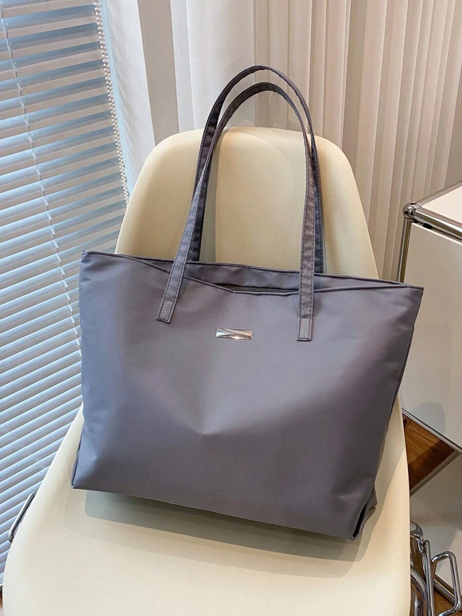 1pc Gray Nylon Large Capacity Tote Bag, Simple College Style Shoulder Bag Suitable For Women's Daily Travel Or Leisure - Grey - View 1