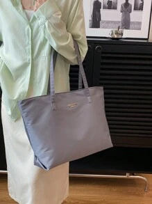1pc Gray Nylon Large Capacity Tote Bag, Simple College Style Shoulder Bag Suitable For Women's Daily Travel Or Leisure - Grey - View 5