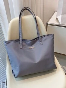 1pc Gray Nylon Large Capacity Tote Bag, Simple College Style Shoulder Bag Suitable For Women's Daily Travel Or Leisure - Grey - View 2
