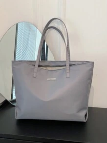 1pc Gray Nylon Large Capacity Tote Bag, Simple College Style Shoulder Bag Suitable For Women's Daily Travel Or Leisure - Grey - View 4