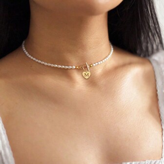 1 件新款简约心形不锈钢字母吊坠串珠项链适合女士派对情人节、妈妈、母亲、母亲节、礼物