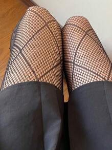 1雙黑色鏤空漁網襪十字紋方形黑絲襪春秋薄款褲襪