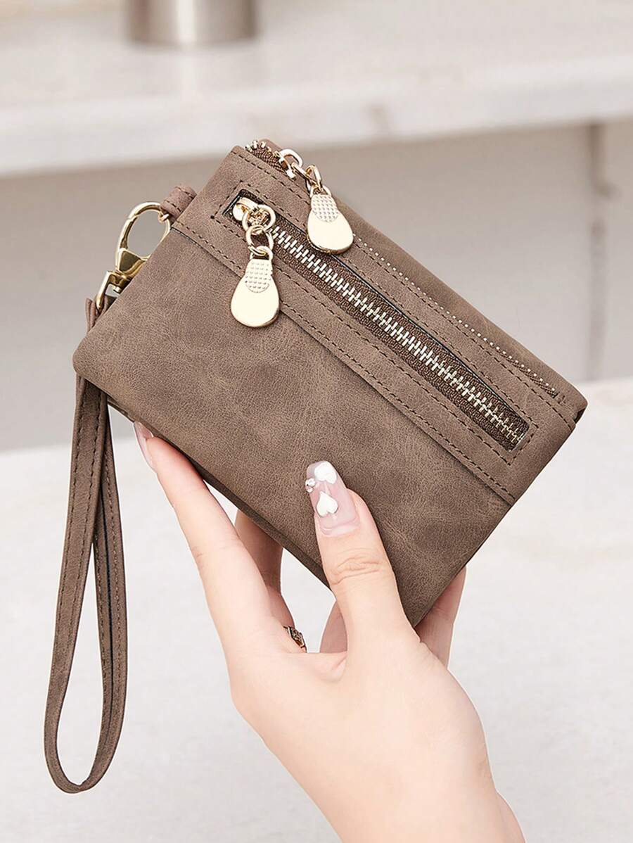 MIYIN Ví nữ da PU kiểu dáng retro, gập đôi, ngắn - Ví đựng thẻ tiện dụng, có ngăn đựng tiền xu khóa kéo, khe đựng thẻ, cửa sổ đựng thẻ ID và dây đeo cổ tay, món quà lý tưởng cho những buổi cà phê hàng ngày, ví cầm tay nữ, ví nhỏ gọn.