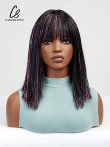 黑粉混色16英寸波浪帶劉海合成纖維蘿莉塔假髮,適用於日常派對cosplay萬聖節聖誕節穿著 - 間色 - 查看 4