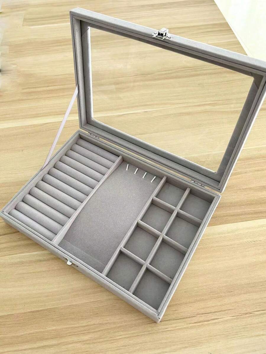 New Large Capacity Jewelry Storage Box With Glass Lid, Velvet Lining