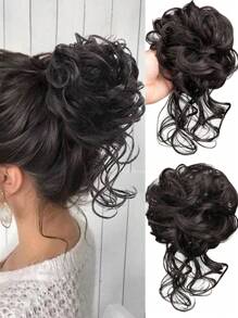 合成发髻 凌乱卷发带 弹性发箍 假发片 女士发夹 黑棕色假发
