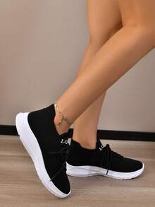 Women's Flat Shoes With Eva Soft Sole, Comfortable Knitted Sock-Like Running Shoes With Breathability - Black - View 2