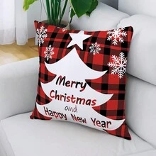 1pc Christmas Red Plaid Pattern Pillowcase - Red and White - View 3