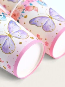 10 个 9 盎司蝴蝶纸杯，粉色花卉蝴蝶派对杯客人一次性纸杯彩色花园春夏花朵和蝴蝶婚礼生日节日装饰派对用品派对纸杯返校情人节