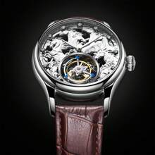 SEAKOSS 男士飛行雲霄鐘機械錶，八匹馬款式防水腕錶，骨骼錶盤豪華手錶，適用於假日 - 銀色 - 查看 3