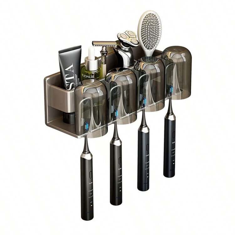 1 Pieza Organizador De Estante De Almacenamiento Montado En La Pared Para Rasuradora, Cepillo De Dientes, Pasta De Dientes, Taza De Enjuague Bucal Sin Perforación Accesorios De Baño, Soporte Para Cepillo De Dientes Eléctrico - Gris - Añade 2