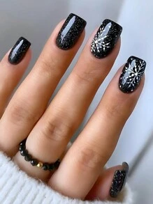 Upgrade Your Look - 24pcs Short Black Square Shaped Simple & Fresh Style Christmas Glitter Snowflake Design False Nail Set With Removable Adhesive Stickers, Suitable For Festival, Party, Date, Daily Wear, As Well As For Manicure - Black - View 1