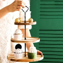1套鄉村風格的木製三層托盤,圓形農家廚房桌面裝飾托盤,食品水果蛋糕展示咖啡吧家庭派對季節性裝飾 - 3 tier - 查看 1