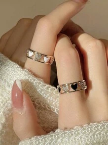 2 件/套心形微镶开口情侣戒指情人节 - 金黃色 - 查看 1