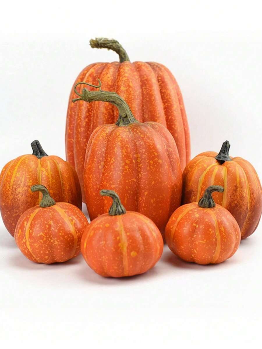 7/8 Pcs Assorted Sizes Artificial Fake Orange Pumpkins Large Faux Harvest Pumpkins For Fall Thanksgiving Halloween Seasonal Holiday Decor - Orange - View 1