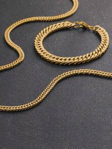 2pcs/set Men's Stainless Steel Necklace And Bracelet For Daily Wear - Yellow Gold - View 4