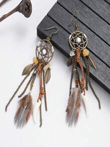 Round Dreamcatcher Wrapped Leaf Horn Coffee Color Tassel Feather Earrings For Women - Coffee Brown - View 6