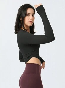 2 In 1 Pleated Running Fitness Yoga Long Sleeve T-Shirt - Black - View 6