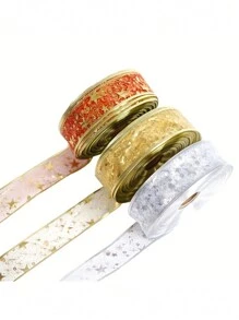 1roll Christmas Star Ribbon With Transparent Glitter Thread - Christmas Decorations, Red,Durable Polyester, Perfect For Gift Wrapping, Party Decorations, And Seasonal Celebrations, Halloween Decorations - Blue - View 2