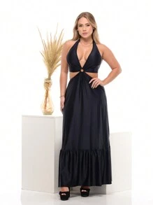 Vestido Longo Feminino em Microfibra com Argola no Busto