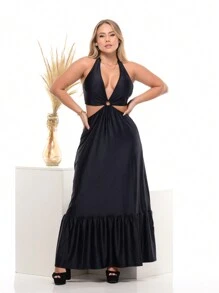 Vestido Longo Feminino em Microfibra com Argola no Busto