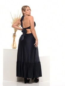 Vestido Longo Feminino em Microfibra com Argola no Busto