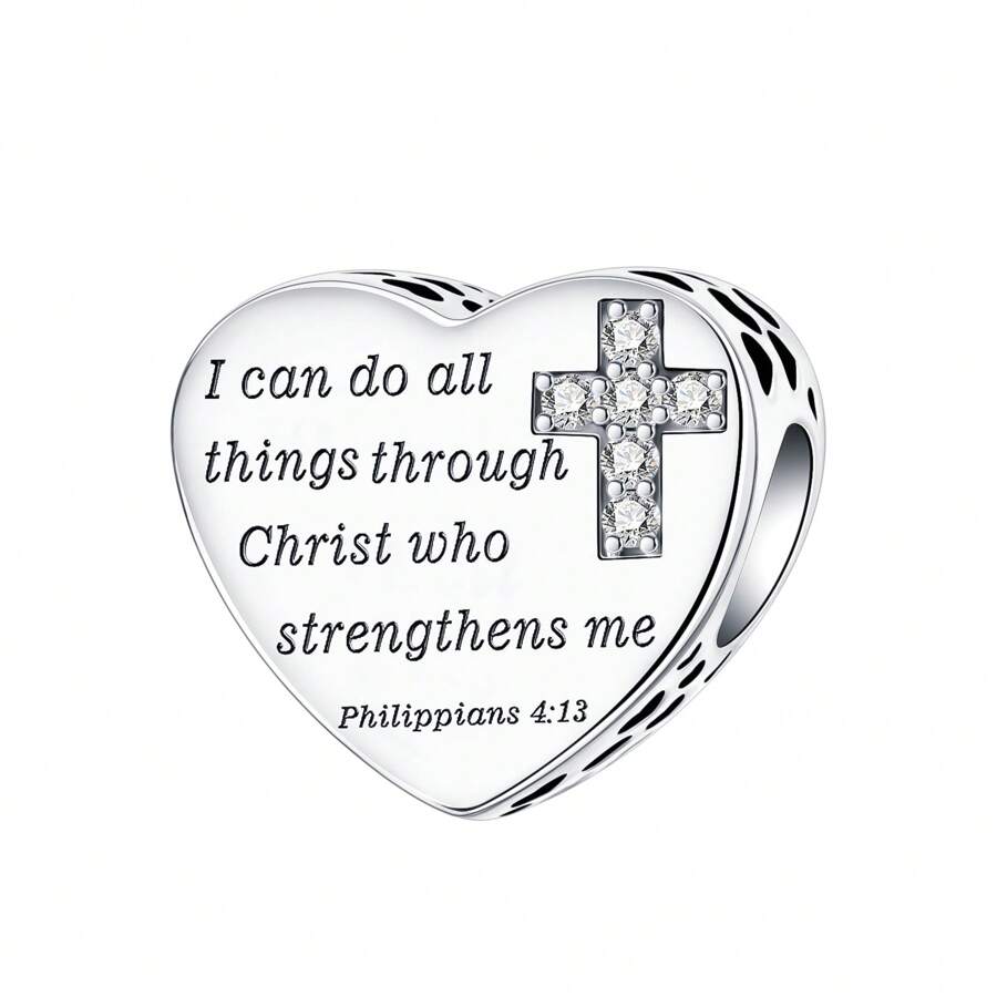 鍍銀吊飾愛情十字水鑽我可以做所有事情珠吊墜球適合手鍊 Diy 女士珠寶 - 銀色 - 查看 1