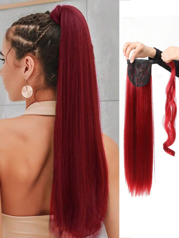 ポニーテール ウィッグ 赤色 26インチ 長いストレートヘアリアル