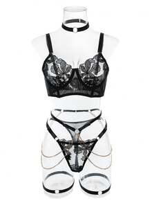 Bộ đồ lót gợi cảm thêu kim loại 5 món/bộ kèm vòng chân, vòng cổ và corset, màu đen - màu đen - Xem 8