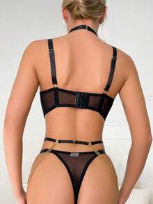 Bộ đồ lót gợi cảm thêu kim loại 5 món/bộ kèm vòng chân, vòng cổ và corset, màu đen - màu đen - Xem 6