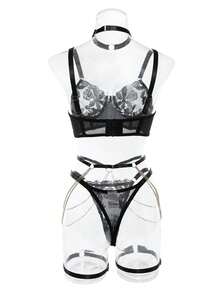 Bộ đồ lót gợi cảm thêu kim loại 5 món/bộ kèm vòng chân, vòng cổ và corset, màu đen - màu đen - Xem 10